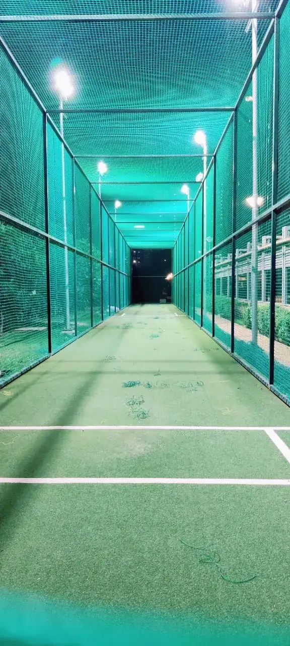 Completed cricket practice net installation, view 1